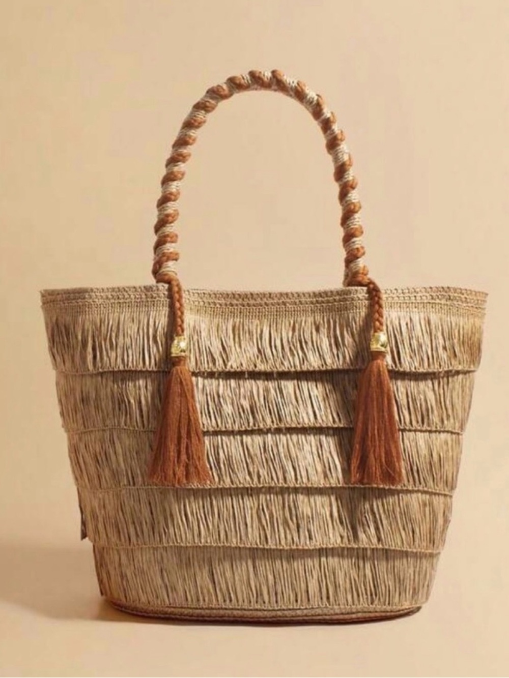 Fringed Natural Straw Tote with Brown Tassel Handles